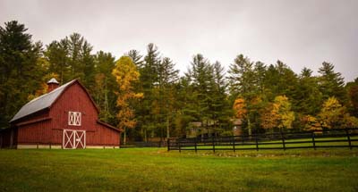 Red Barn in a field with tree's behind it