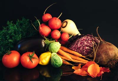 Veg layed out with a dark background